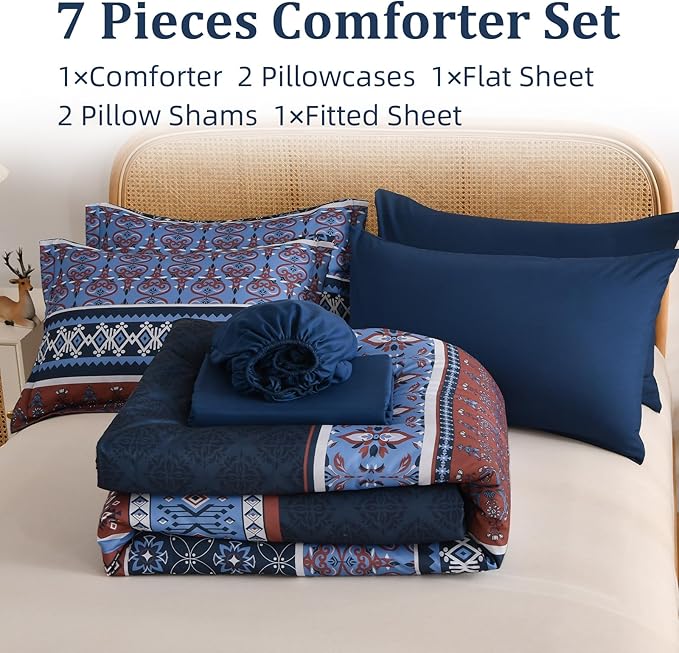 Boho Comforter Set Queen Size,7 Pieces Bohemian Comforter Bedding Set Bed in a Bag,Navy Blue Paisley Floral Comfortet and Sheet Set,Soft Striped Bedding Sets for All Season