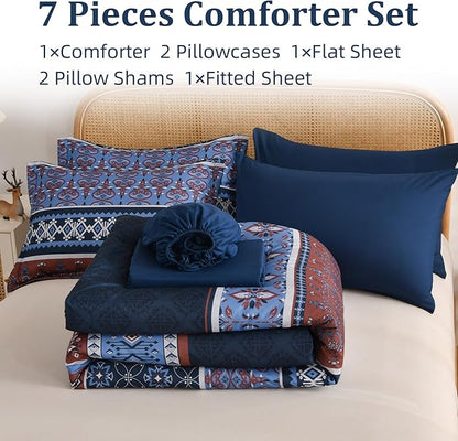 Boho Comforter Set Queen Size,7 Pieces Bohemian Comforter Bedding Set Bed in a Bag,Navy Blue Paisley Floral Comfortet and Sheet Set,Soft Striped Bedding Sets for All Season