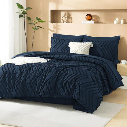 Litanika Navy Blue Queen Size Comforter Set with Sheets - 7 Pieces Bed in a Bag Queen Boho Tufted Complete Bedding Sets with Comforter, Sheets, Pillowcases & Shams
