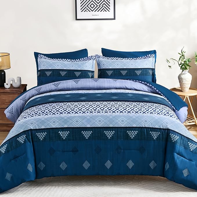 Xruibed Blue King Comforter Set 7 Pieces, Blue Boho Striped Bed in a Bag King Size Soft Microfiber All Season Bedding Set with Comforter, Sheets, Pillowcases & Shams(104"×90")