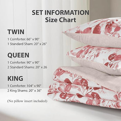 Lightweight Seersucker Botanical Comforter Set Twin Size, 2 Pieces Reversible Design with Striped Print, Premium Microfiber Bedding Set, Comforter and Sham Set, Pink