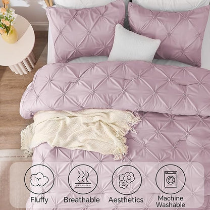 BEDELITE Light Purple King Size Comforter Set - 3 Pieces Boho Pintuck Bedding Comforter Sets, Lightweight Soft & Warm King Bedding Set with 2 Pillowcases for All Season