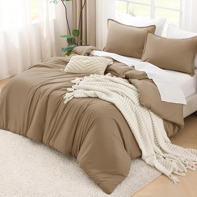 Litanika Taupe Comforter Set Queen Size, 3 Pieces Solid Bedding Comforter Set, All Season Fluffy Bed Set (90x90In Comforter & 2 Pillowcases)
