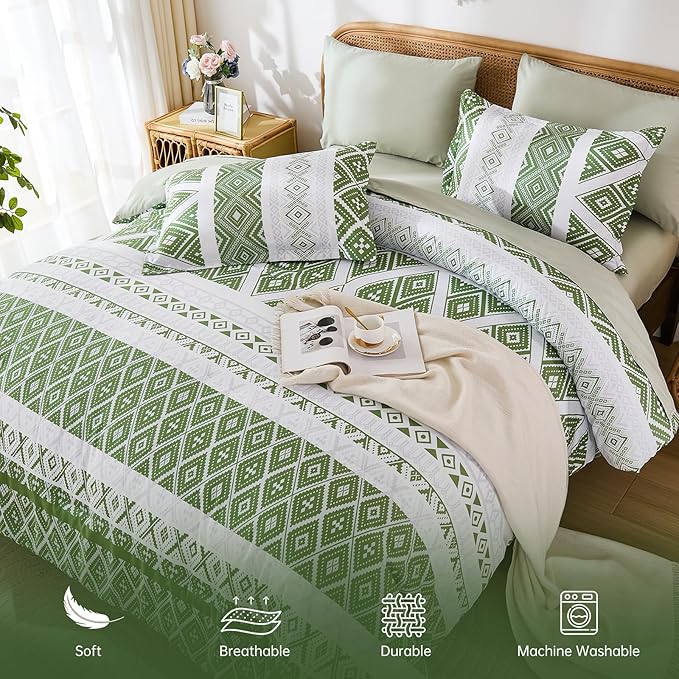 Luxudecor Green Comforter Set Queen Size 7 Pieces,Boho Aztec Comforter with Sheet Set,Geometric Striped Pattern Bed in a Bag,Soft Microfiber Bed Set 90"x90"
