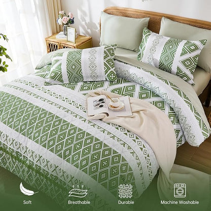 Luxudecor Green Comforter Set King Size 7 Pieces,Boho Aztec Comforter with Sheet Set,Geometric Striped Pattern Bed in a Bag,Soft Microfiber Bed Set 104"x90"