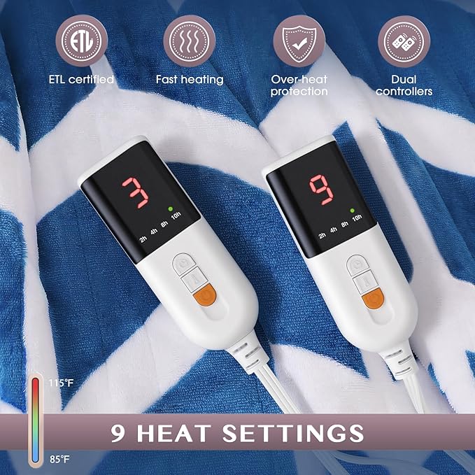 VENTIMI Electric Blanket Queen Size, 84" x 90" Heated Blanket with 9 Heat Levels & 2-4-8-10 Hours Auto Off, Fast Heating Blanket with ETL & FCC Certification, Navy