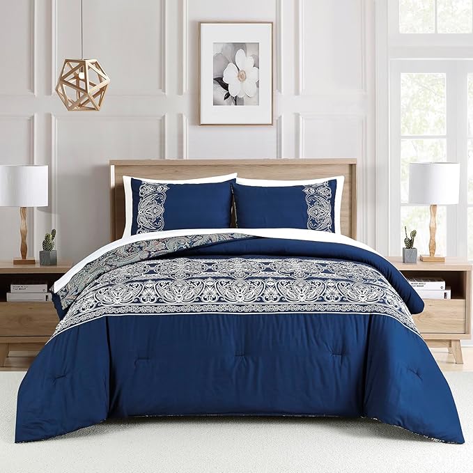 Sunshine Nicole Reversible Comforter Set, Brushed Microfiber Fabric with Embroidery for Front and Printed Microfiber Fabric for Reverse, 3 Pieces Navy King