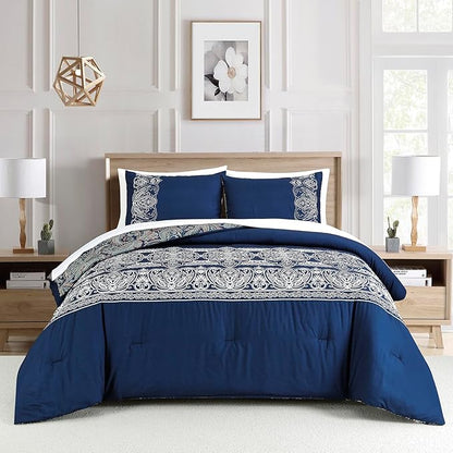 Sunshine Nicole Reversible Comforter Set, Brushed Microfiber Fabric with Embroidery for Front and Printed Microfiber Fabric for Reverse, 3 Pieces Navy King