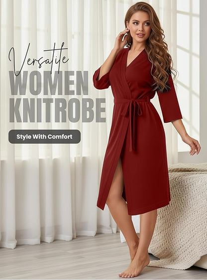 NY Threads Women's Robe Long Knit Bathrobe 3/4 Sleeves Soft Kimono Lightweight Loungewear