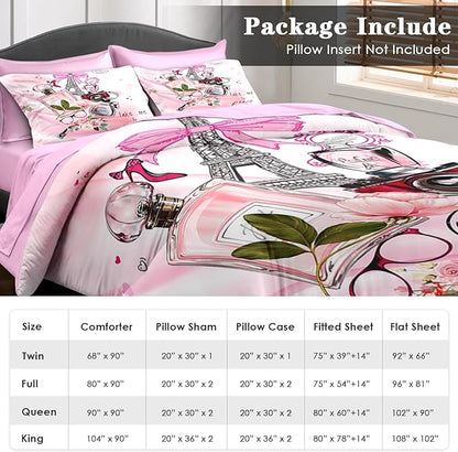 7 Pcs Comforter Set Queen Size, Paris Teen Girls Pink Bedding for Kids and Adults, Cute Makeup Perfume Bed Sheet Sets with Fitted Sheet 2 Pillowcases & 2 Shams for Bedroom Bed Decor