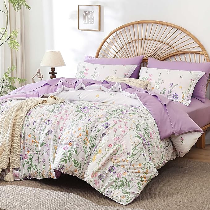 Yiran Purple Floral Comforter Set Queen Size, 7 Piece Cute Flower Comforters Bed in a Bag Lavender, Soft Microfiber Complete Aesthetic Botanical Bedding Set with Sheets for Women Girls