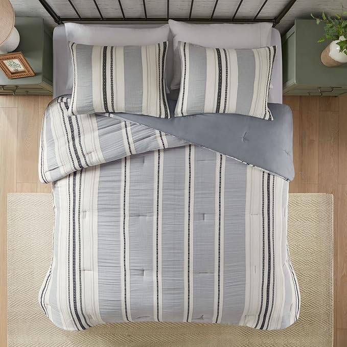 Hyde Lane Modern Farmhouse Comforter Set – King Size, 3-Piece Indigo Blue Striped Cotton Comforter with Matching Pillow Shams, Luxuriously Soft All-Season Bedding