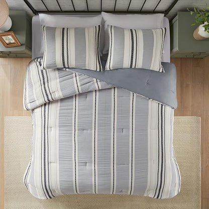 Hyde Lane Modern Farmhouse Comforter Set – King Size, 3-Piece Indigo Blue Striped Cotton Comforter with Matching Pillow Shams, Luxuriously Soft All-Season Bedding