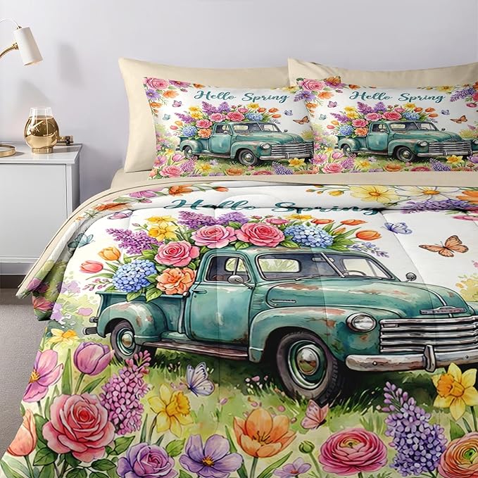 Nesker 7 Pcs Spring Comforter Set Queen Size, Truck Flowers Butterfly Farmhouse Roses Bedding Set for Kids and Adults, Truck Bed Sheet Sets with Fitted Sheet 2 Pillowcases & 2 Shams