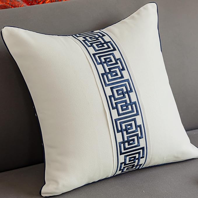 Throw Pillow Covers with Insert Included, with Embroidered Detail, 18 x 18 inches, Decorative Throw Pillow for Sofa Couch Bed (Cream (Navy Trim), 18" L x 18" W)