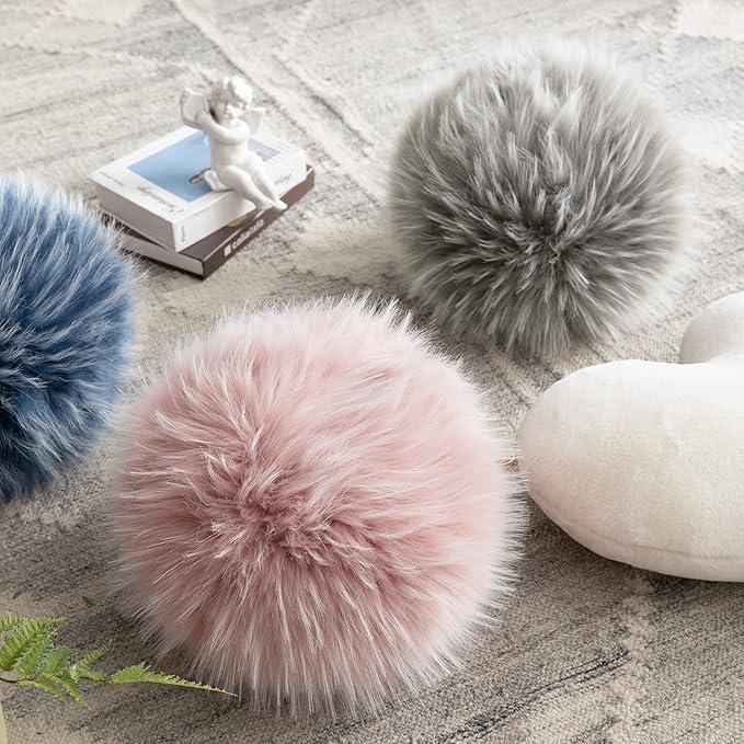 Ashler Plush Round Pillows, Ball Throw Pillow with Handle, Faux Fur Luxury Soft Decorative Cushion, Modern Home Decor Fluffy Round Pillow for Sofa, Bed, Chair, Light Pink, 12 x 12 inch
