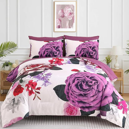 Drucon Purple Floral Comforter Queen Size 7 Pieces Bedding Sets Bed in a Bag, Botanical Floral Comforter with Sheet Set, Soft Microfiber Bedding Set for All Season(Purple, 90"x90")