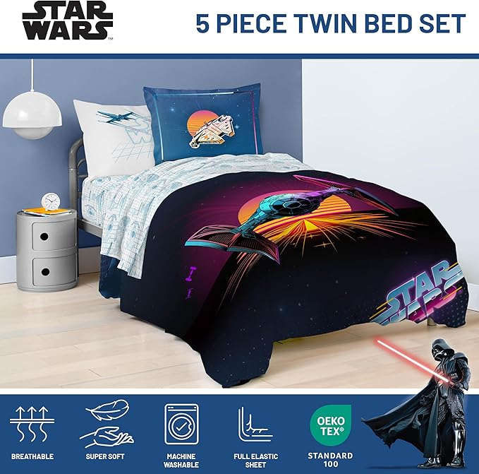 Jay Franco Kids Comforter Set Includes Sheets and Pillow Covers - Soft and Cozy Bed Set for Stylish Room Decor, Blue - Star Wars 02, 5 Piece Twin Size Bedding