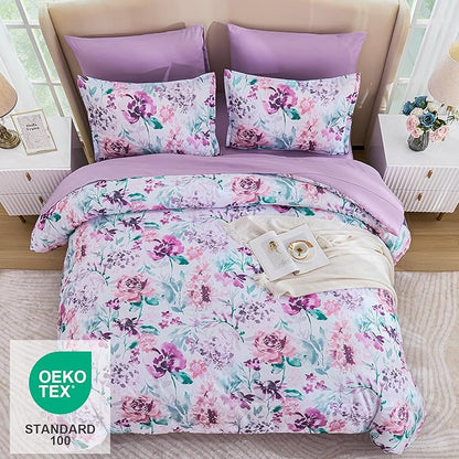 Luxudecor Floral Comforter Set Queen Size 7 Pieces Bed in a Bag, Purple Flower Watercolor Bed Set, Soft Comforter with Sheet Set 90"x90"