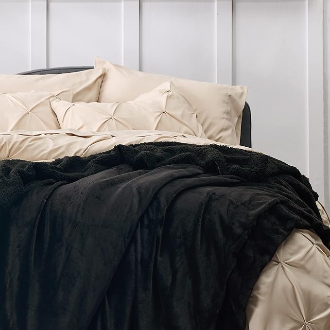 Bedsure GentleSoft Sherpa Fleece Blankets Queen Size for Bed - Thick and Warm Throw for Women and Men, Soft Fuzzy Plush Queen Blanket for Winter, Non-Heated, Black, 90x90 Inches