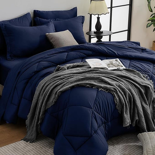 HEVUMYI Navy Blue Twin Comforter Set - 5-Piece All Season Bed in a Bag Twin, Ultra Soft Bedding Set with Comforter, Flat Sheet, Fitted Sheet, Pillowcases, Pillow Shams, Navy Blue