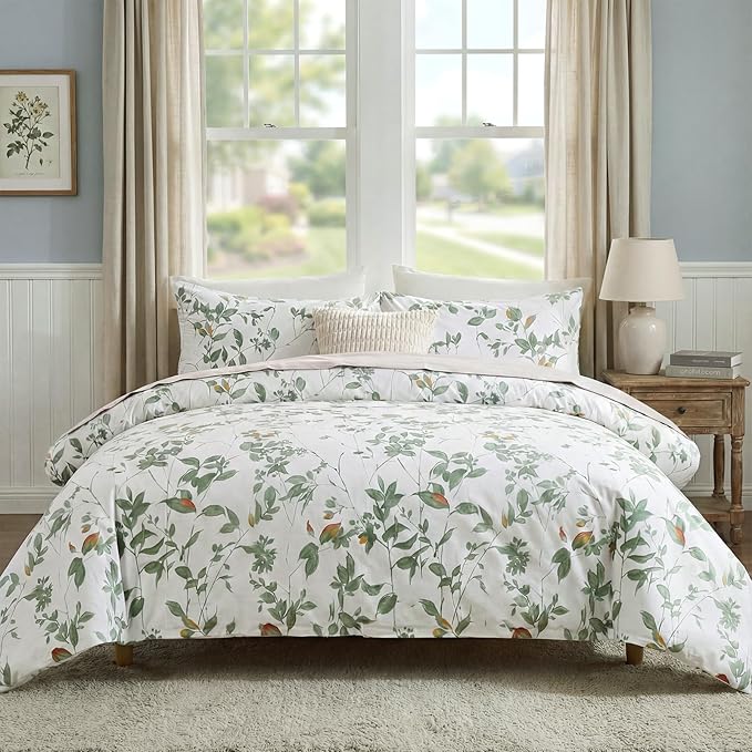 Floral Comforter Set King Size 100% Cotton Comforter Green Floral Bedding Comforter Set 3 Pcs Ultra Soft and Easy Care Reversible Lightweight Bedding Sets