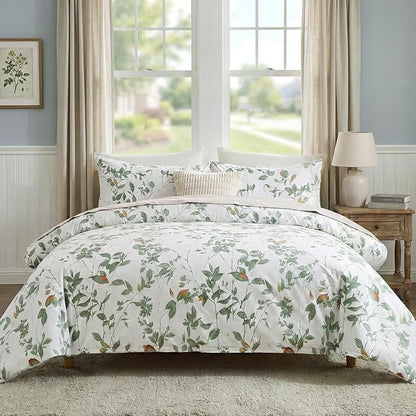 Floral Comforter Set King Size 100% Cotton Comforter Green Floral Bedding Comforter Set 3 Pcs Ultra Soft and Easy Care Reversible Lightweight Bedding Sets