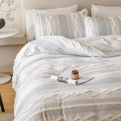 KAREVER Ivory Black Boho Comforter Set Full Mixed Textures Jacquard Bedding Set Durable Chic and Stylish Bedroom Set