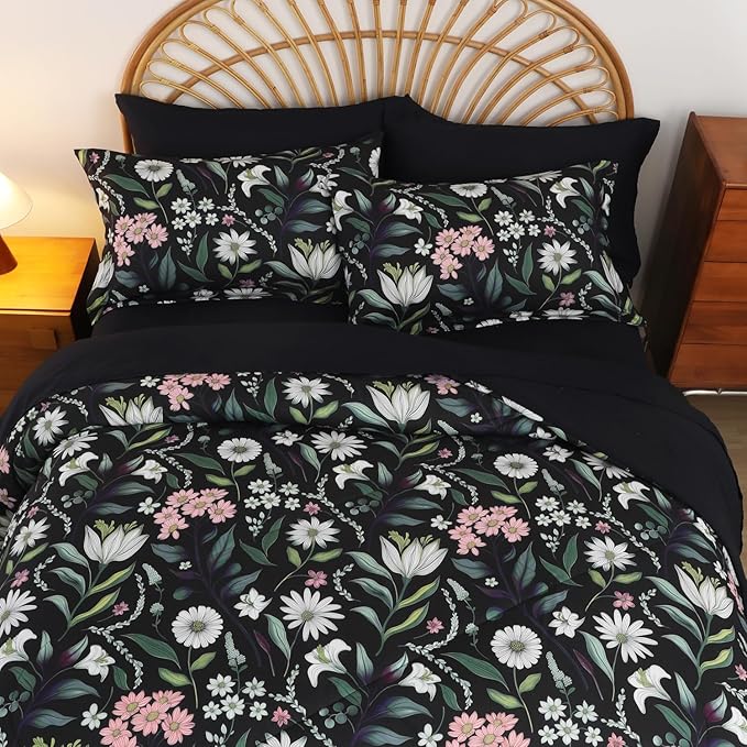 EVENHUG King Comforter Set 7 Pieces Lightweight Soft Queen Size Comforters for All Season Floral Bedding Sets Bed in a Bag with Flat Sheet and Fitted Sheet Pillowcases (104"x90")