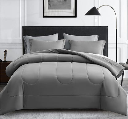 Maple&Stone Queen Size Comforter Set 7 Pieces Bed in a Bag - Down Alternative Bed Set with Sheets, Pillowcases & Shams, Soft Reversible Duvet Insert for Queen Bed, Dark Grey & Light Grey