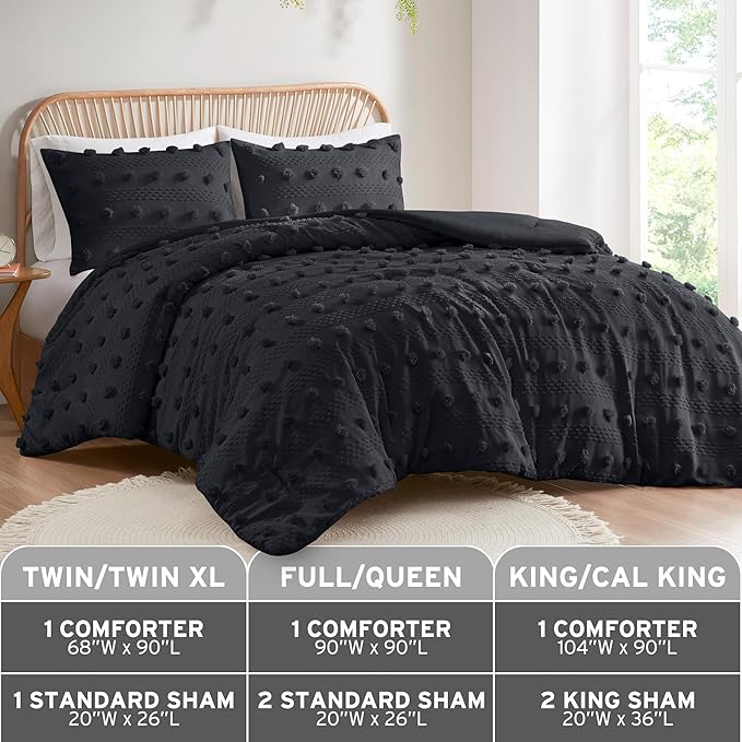 Intelligent Design Twin Comforter Set, Clipped Jacquard Comforter Set Chic Pompom Accent, All Seasons Lightweight & Fluffy Comforter Bed Set with 1 Sham, Lucy, Twin/Twin XL, Black 2 Piece