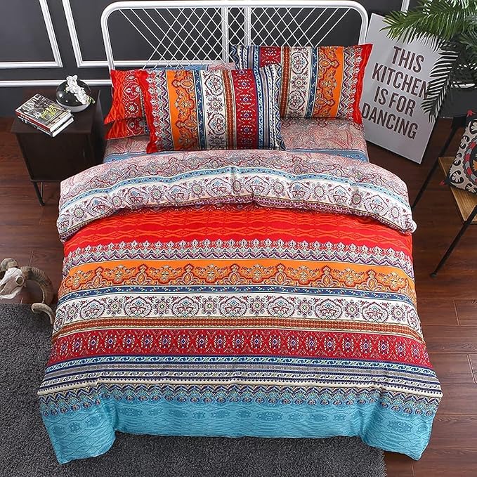 Goodidea Striped Bohemian Comforter Set King Size 3 Pieces Boho Hippie Geometric Bedding Set Soft Breathable Reversible Microfiber Boho Comforter with 2 Pillowcases(20"x36")