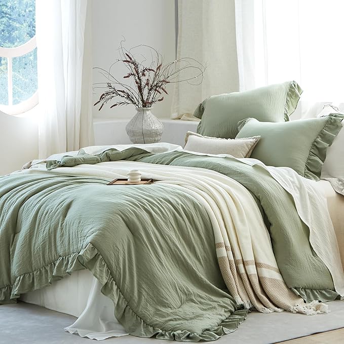 Sage Green Ruffle Comforter Set Twin, Pre-Washed Shabby Chic Bedding Set, Lightweight Cottagecore Soft Romantic Cozy 1 Comforter & 1 Sham, All-Season