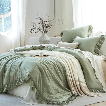 Sage Green Ruffle Comforter Set Twin, Pre-Washed Shabby Chic Bedding Set, Lightweight Cottagecore Soft Romantic Cozy 1 Comforter & 1 Sham, All-Season