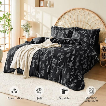 MUXHOMO Black Bed in a Bag Queen 7 Pieces, Queen Comforter Set Reversible Botanical Flowers Design, Ultra Soft & Breathable Bedding Sets with Comforter, Sheets, Pillowcases & Shams