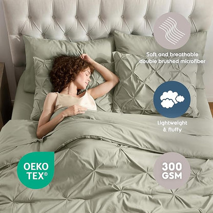Nestl Queen Comforter Set 7 Piece - Pinch Pleated Comforters Queen Size Light Sage, Bed in a Bag Queen All Season, Queen Size Comforter Set Bedding with Flat Sheet, Fitted Sheet, Pillowcases and Shams