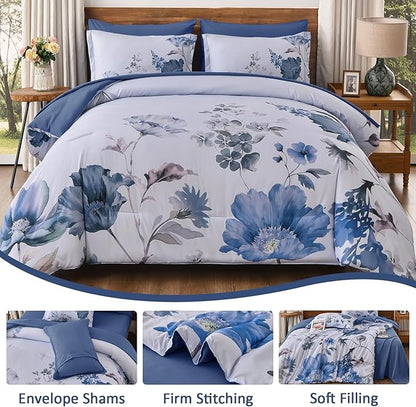DJY Floral Queen Comforter Set - 7 Pieces Blue Floral Bed in a Bag with Flower Leaves Pattern, Soft Microfiber Botanical Comforter and Sheet Set, All Season Bedding Set (90''x90'')