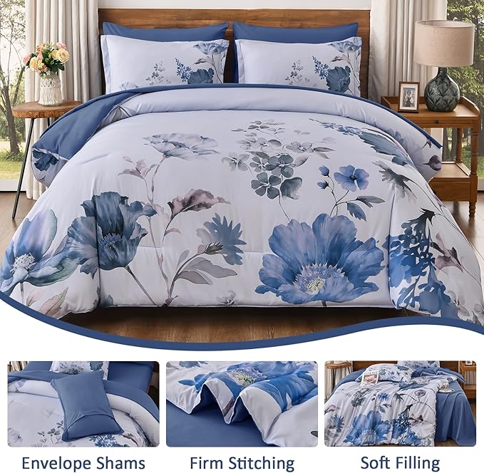 DJY Floral King Comforter Set - 7 Pieces Blue Floral Bed in a Bag with Flower Leaves Pattern, Soft Microfiber Botanical Comforter and Sheet Set, All Season Bedding Set (104''x90'')