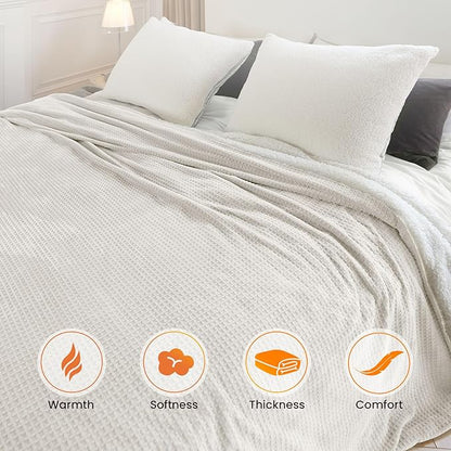 Electric Blanket King Waffle, 90x100 Inches, Dual Controllers, Sherpa Fleece, 6 Heating Levels, 10 Hours Auto Off, ETL Certified, Beige King