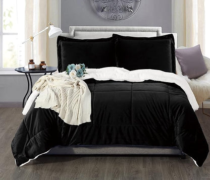 Elegant Comfort Premium Quality Heavy Weight Micromink Sherpa-Backing Reversible Down Alternative Micro-Suede 3-Piece Comforter Set, Queen, Black