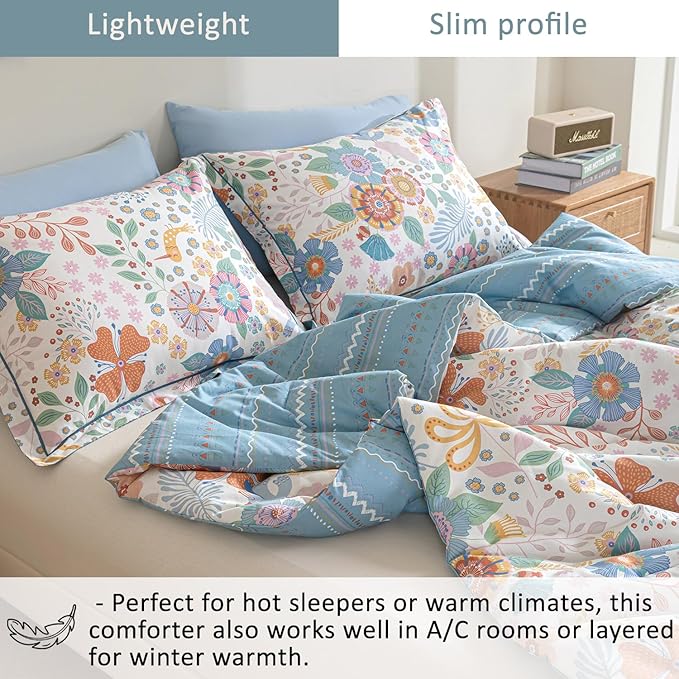 Blue Floral Cotton Comforter Queen Size - Vibrant Artistic Blooms & Boho Geometric Patterns, White & Soft Blue, 3PC Lightweight Bedding Sets with Down Alternative Fill(90"×90")