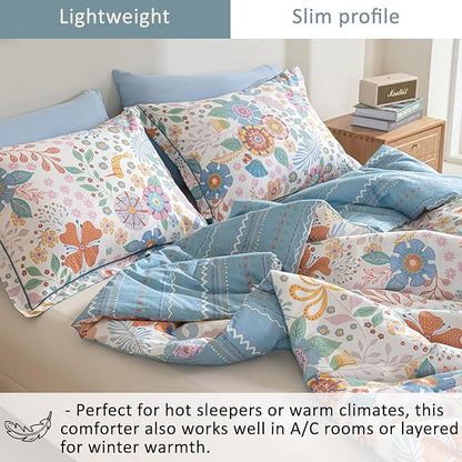 Blue Floral Cotton Comforter Queen Size - Vibrant Artistic Blooms & Boho Geometric Patterns, White & Soft Blue, 3PC Lightweight Bedding Sets with Down Alternative Fill(90"×90")