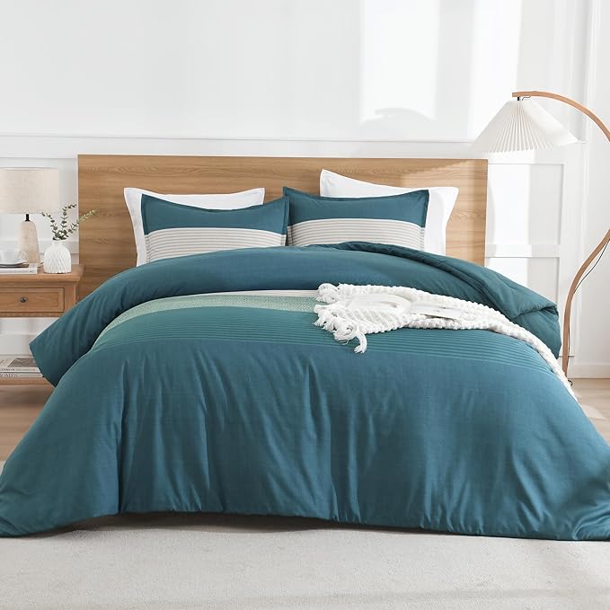 Litanika Comforter Set Full Size Dark Teal - 3 Pieces Lightweight Colorblock Stripe Fluffy Bedding Comforter Sets, All Season Bed Set