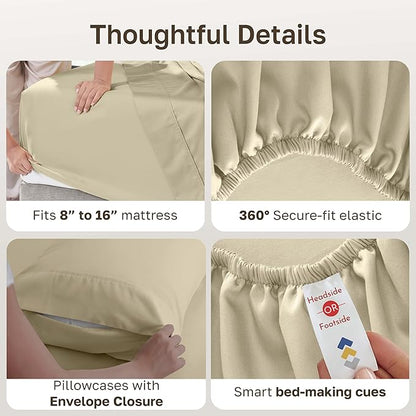 California Design Den 6 Piece King Size Sheets Set with 4 Pillowcases - Soft 400 Thread Count Sateen, 100% Cotton Sheets King Size with Deep Pockets, Durable Bedding Set - Beige (Golden Tone)