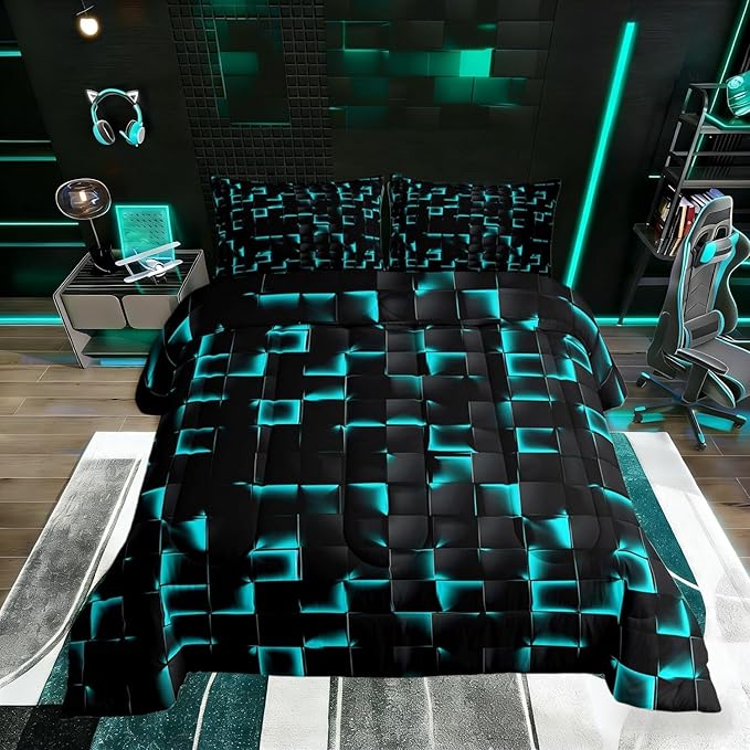 Erosebridal Neon Black Teal Boys Comforter Set Twin Geometric Checkered Turquoise Bedding Set for Kids Teen Men Gaming Room Decor,Abstract Ombre Plaid Comforter Grids Quilt Duvet