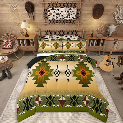 Erosebridal Boys Western Aztec Comforter Set Queen Size, Native Tribal Ethnic Bedding Set Farmhouse Boho Geometric Quilt Southwestern Ethnic American Native Duvet Insert for Adult Men,Yellow Green