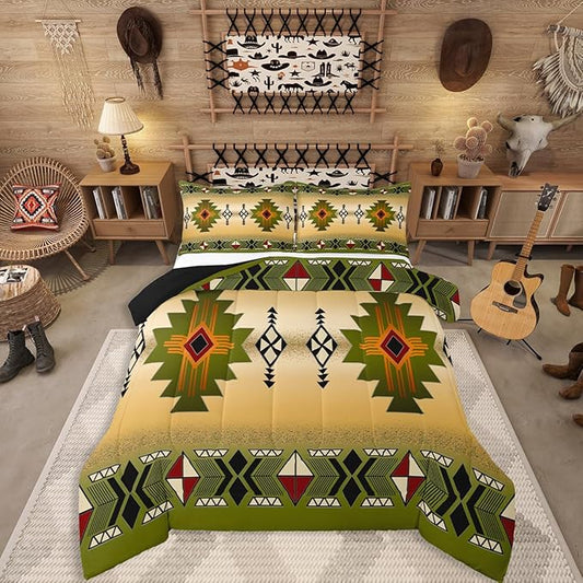 Erosebridal Boys Western Aztec Comforter Set Queen Size, Native Tribal Ethnic Bedding Set Farmhouse Boho Geometric Quilt Southwestern Ethnic American Native Duvet Insert for Adult Men,Yellow Green