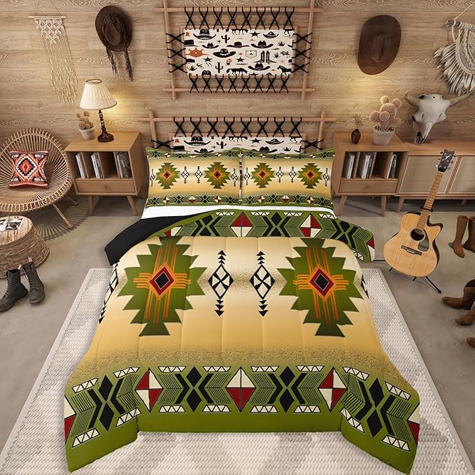 Erosebridal Boys Western Aztec Comforter Set Twin Size, Native Tribal Ethnic Bedding Set Farmhouse Boho Geometric Quilt Southwestern Ethnic American Native Duvet Insert for Adult Men,Yellow Green