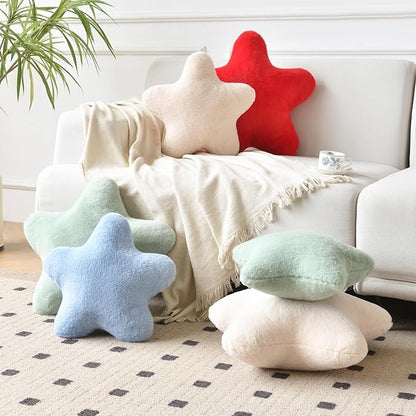 Xiashrk Star Pillow, Decorative Throw Pillows for Bed Couch, 15" Star Shaped Pillow Plush Floor Cushions Room Decor Pillow with Faux Rabbit Fur for Sofa Bedroom Living Room (Red, 15" x 15")
