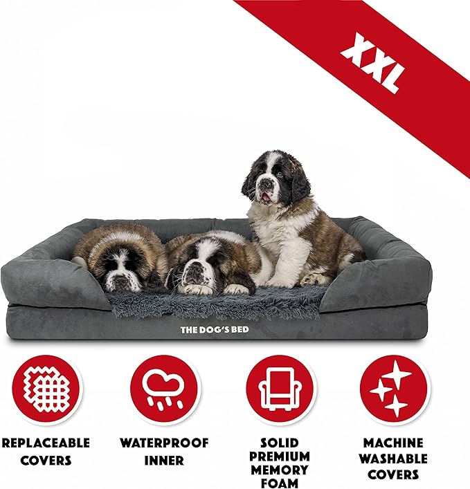 The Dog’s Bed Orthopedic Memory Foam Dog Bed with Bolsters, Fur Fabric, Grey Fur, XXL